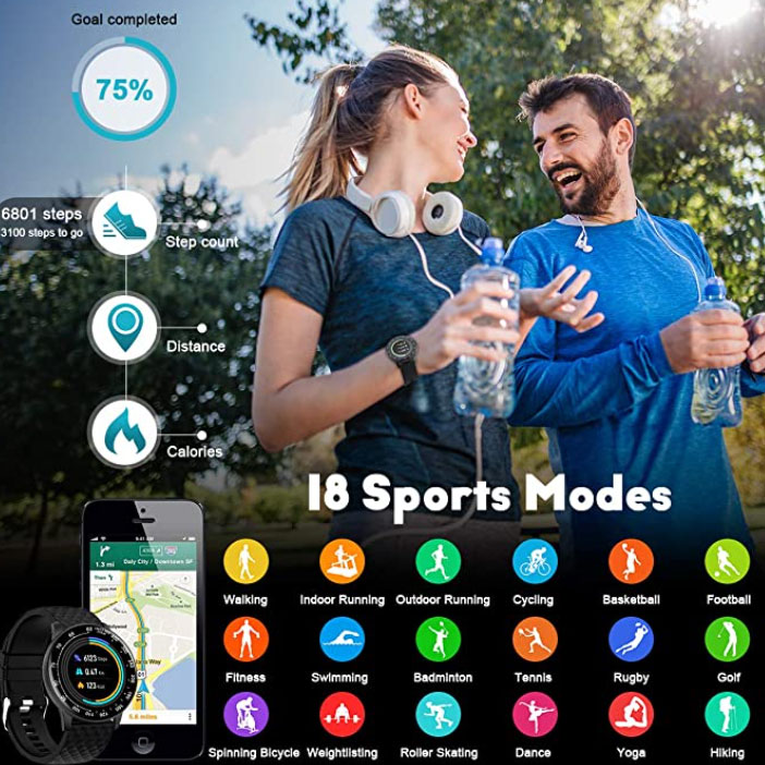 Peakfun Smartwatch, cirkulär modell - 18 sportläge!