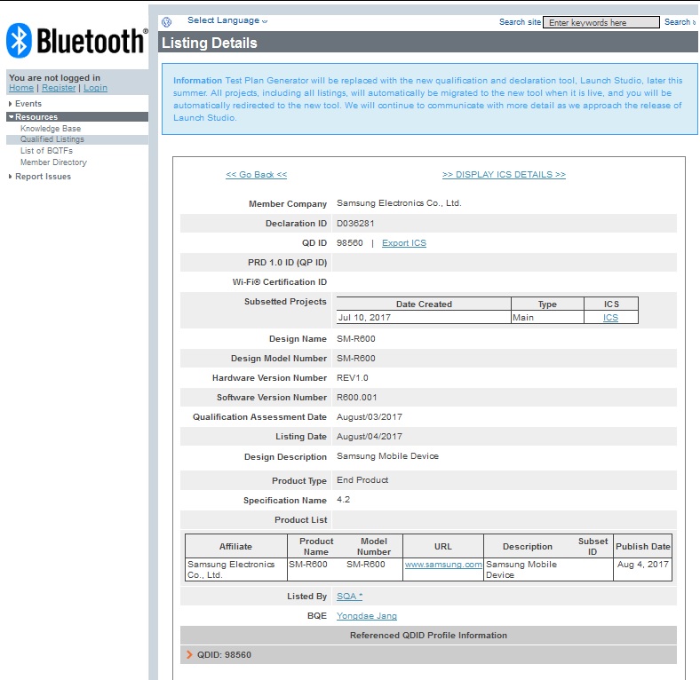 Samsung Smartwatch SM-R600 mottaget Bluetooth-certifiering